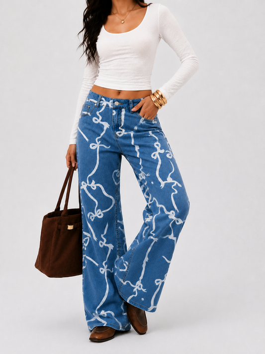 𝕐𝕊𝕋𝔾𝕌𝕀ℂ-Women's High-Waisted Straight-Leg Jeans with Totem Print