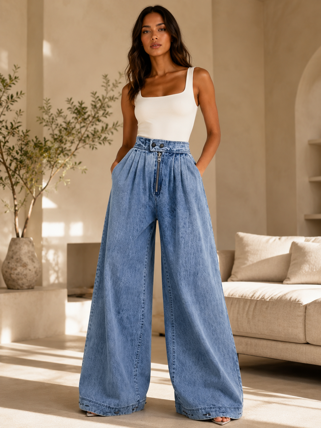 YSTGUIC Women's Classic High-Rise Wide Leg Denim Jeans Vintage Acid Wash, Adjustable Button Hem for Baggy-to-Jogger Style Switch, Elastic Back Waist, Deep Pockets, Streetwear Basic Cropped Bottom with Drape Fit Pants Womenswear