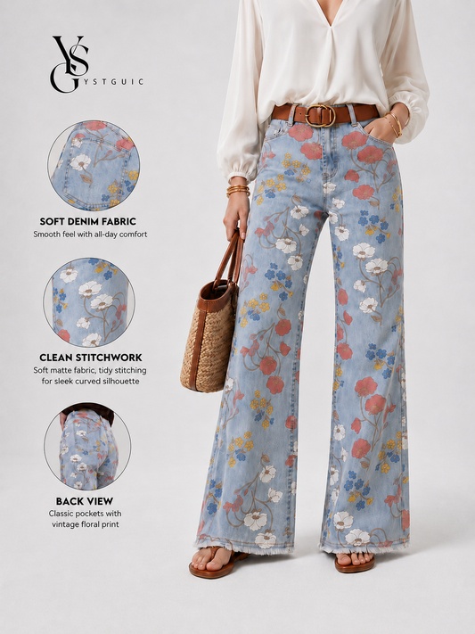 𝕐𝕊𝕋𝔾𝕌𝕀ℂ-Vintage Retro Floral Print High Waist Wide Flare Leg Jeans