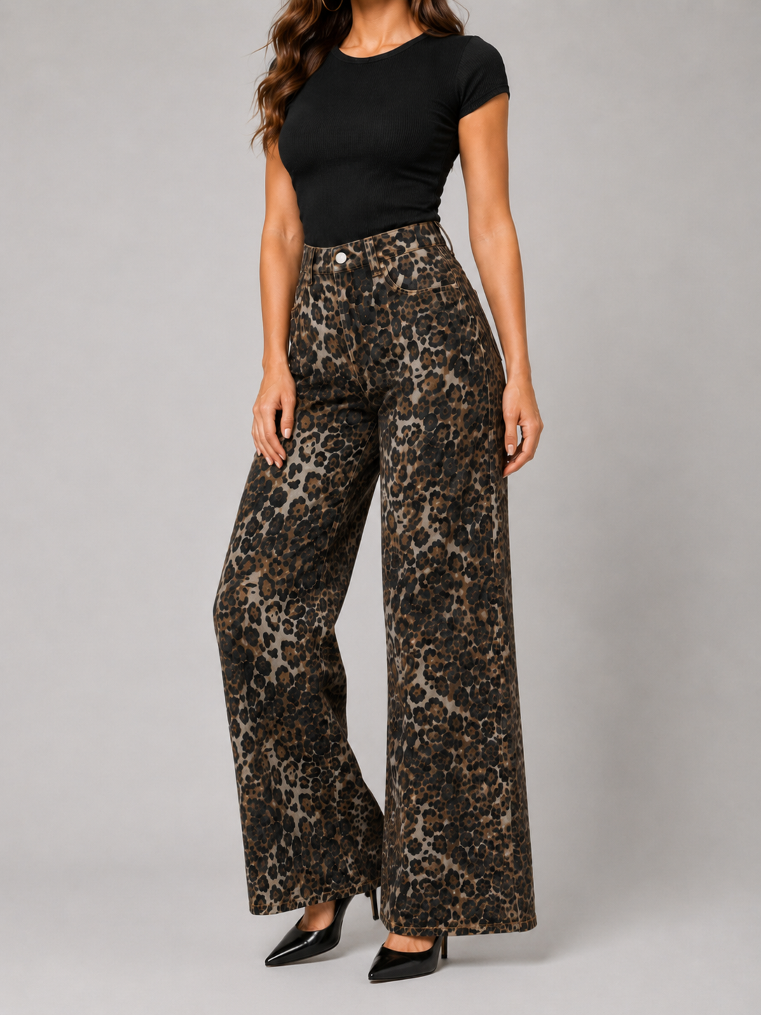 YSTGUIC Women's High Waisted Leopard Print Wide Leg Jeans, Vintage Statement Denim Pants with 5-Pocket Design, Full Length Casual Streetwear Trousers