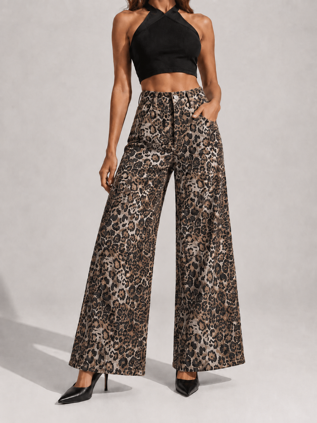 YSTGUIC Women's High Waisted Leopard Print Wide Leg Jeans, Vintage Statement Denim Pants with 5-Pocket Design, Full Length Casual Streetwear Trousers