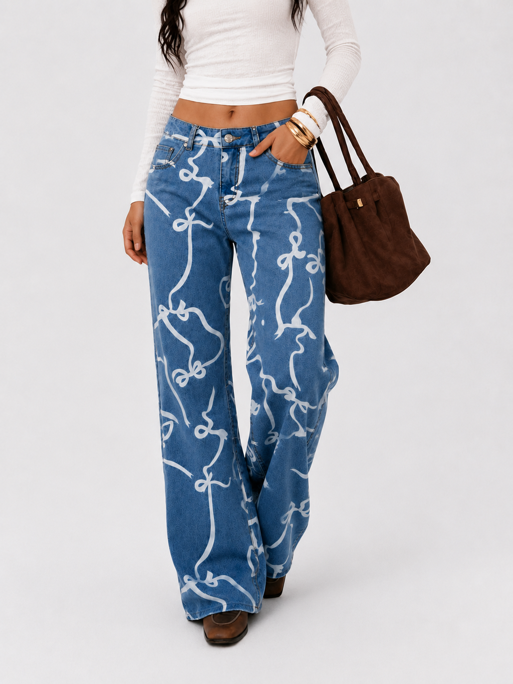 YSTGUIC Women's High-Waisted Straight Jeans  Medium Wash Blue, Full Coverage Bowknot Print, Raw Frayed Hem, Stretchy Denim, Cotton Fabric, Creates Long Lean Silhouette, Street Style, All-Day Comfort (Dress-Tee Pairing Friendly)