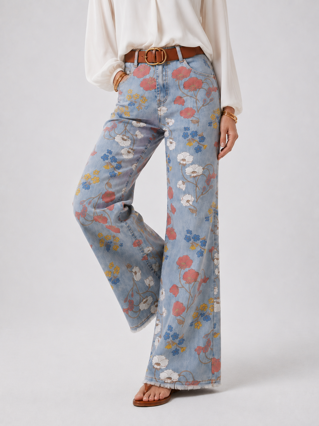 YSTGUIC Vintage Retro Floral Print High Waist Wide Flare Leg Jeans Soft Denim Pants Casual Daily Pants Fit All Figures