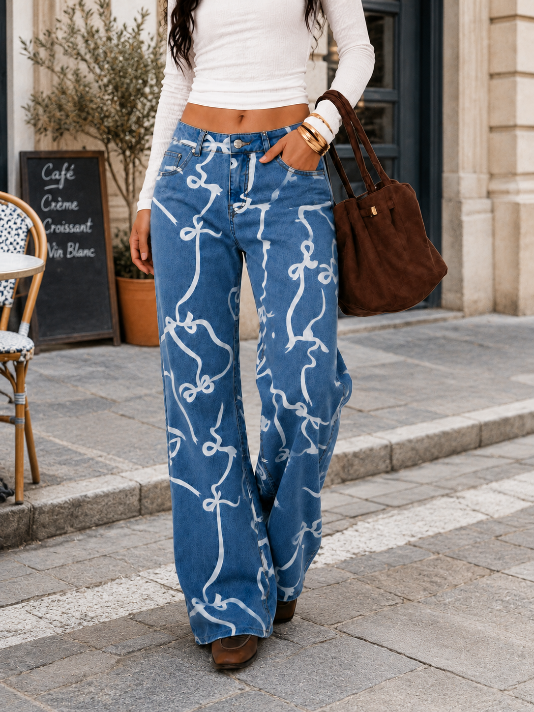 YSTGUIC Women's High-Waisted Straight Jeans  Medium Wash Blue, Full Coverage Bowknot Print, Raw Frayed Hem, Stretchy Denim, Cotton Fabric, Creates Long Lean Silhouette, Street Style, All-Day Comfort (Dress-Tee Pairing Friendly)