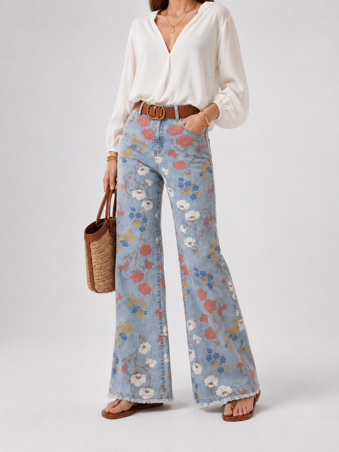 YSTGUIC Vintage Retro Floral Print High Waist Wide Flare Leg Jeans Soft Denim Pants Casual Daily Pants Fit All Figures