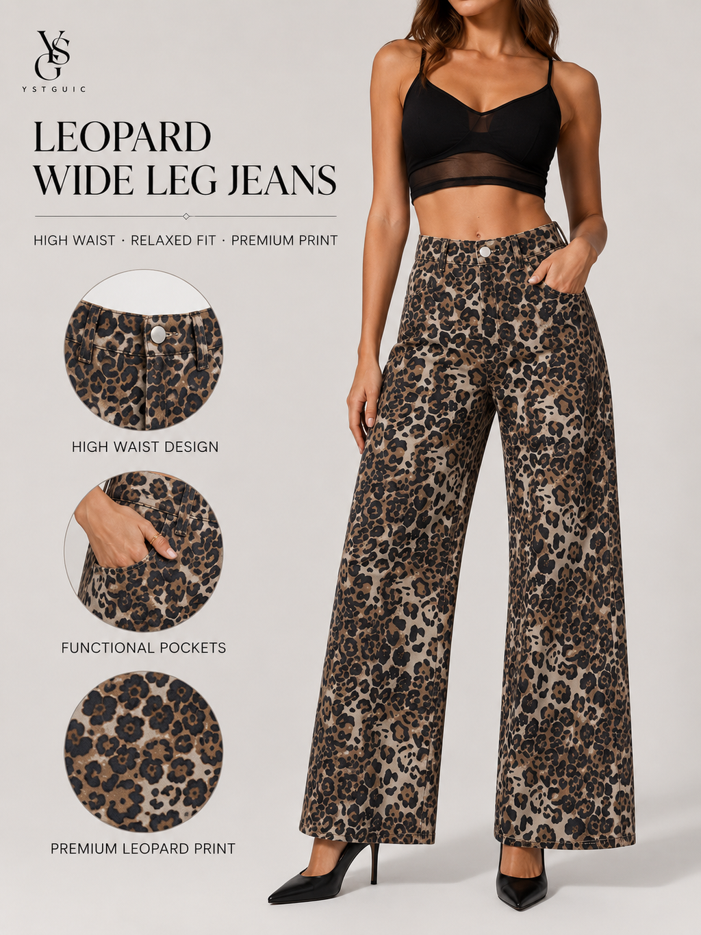 YSTGUIC Women's High Waisted Leopard Print Wide Leg Jeans, Vintage Statement Denim Pants with 5-Pocket Design, Full Length Casual Streetwear Trousers