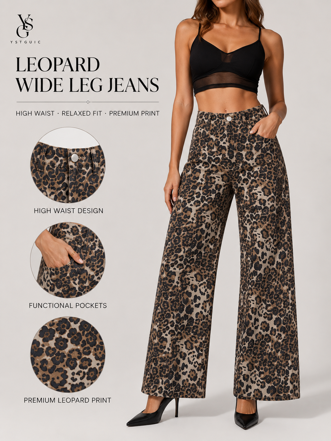 YSTGUIC Women's High Waisted Leopard Print Wide Leg Jeans, Vintage Statement Denim Pants with 5-Pocket Design, Full Length Casual Streetwear Trousers