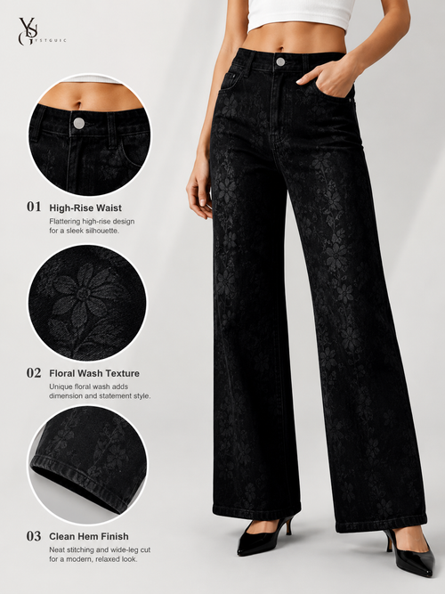 YSTGUIC Women's  Midnight Bloom Stretch Jeans - Black Wash Denim with Subtle Tonal Floral Print
