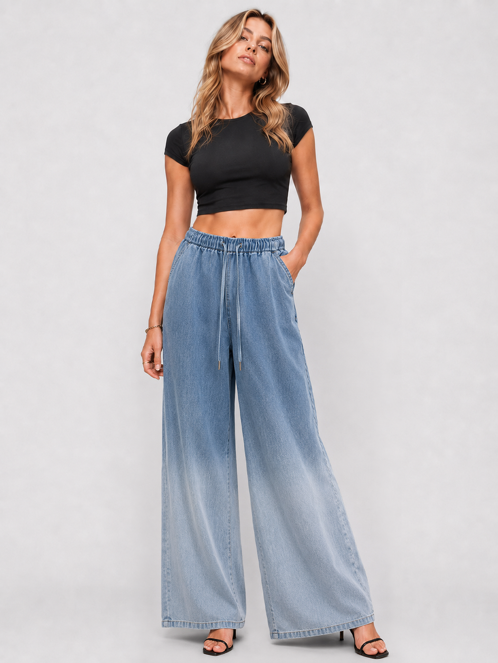 YSTGUIC Women’s Drawstring Wide Leg Jeans – Lightweight Gradient Wash Denim