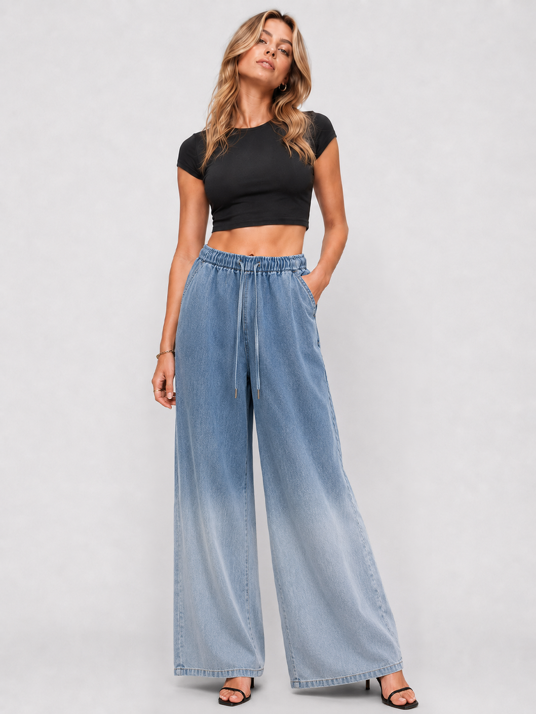 YSTGUIC Women’s Drawstring Wide Leg Jeans – Lightweight Gradient Wash Denim
