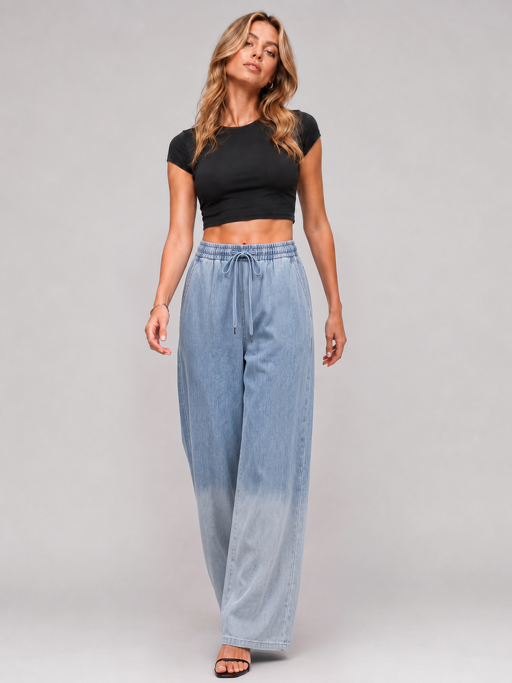 YSTGUIC Women’s Drawstring Wide Leg Jeans – Lightweight Gradient Wash Denim