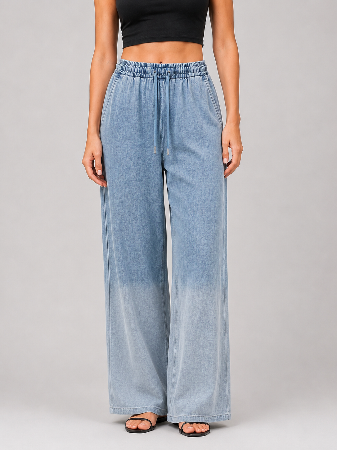 YSTGUIC Women’s Drawstring Wide Leg Jeans – Lightweight Gradient Wash Denim