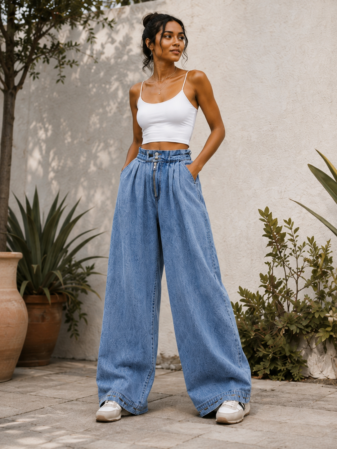 YSTGUIC Women's Classic High-Rise Wide Leg Denim Jeans Vintage Acid Wash, Adjustable Button Hem for Baggy-to-Jogger Style Switch, Elastic Back Waist, Deep Pockets, Streetwear Basic Cropped Bottom with Drape Fit Pants Womenswear