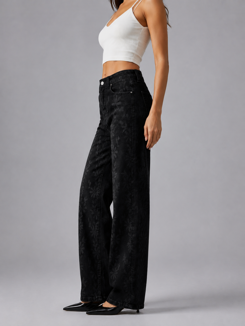YSTGUIC Women's  Midnight Bloom Stretch Jeans - Black Wash Denim with Subtle Tonal Floral Print