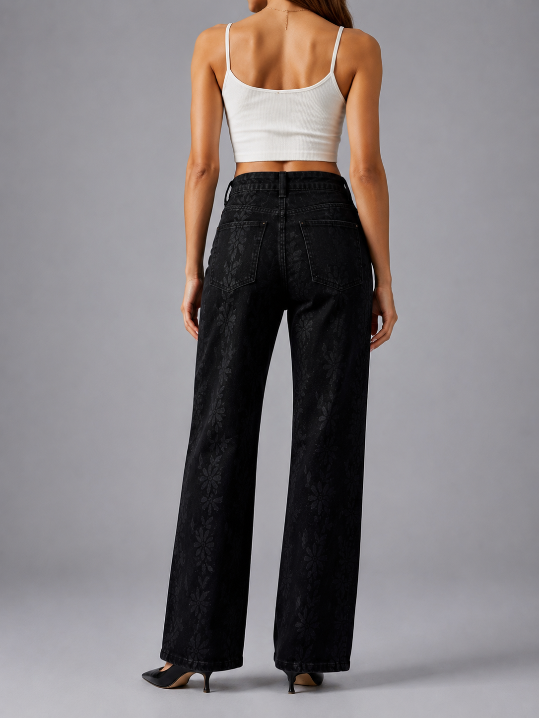YSTGUIC Women's  Midnight Bloom Stretch Jeans - Black Wash Denim with Subtle Tonal Floral Print