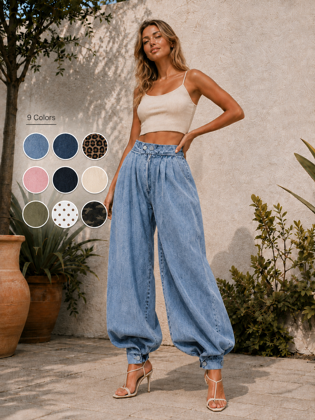 YSTGUIC Women's Classic High-Rise Wide Leg Denim Jeans Vintage Acid Wash, Adjustable Button Hem for Baggy-to-Jogger Style Switch, Elastic Back Waist, Deep Pockets, Streetwear Basic Cropped Bottom with Drape Fit Pants Womenswear