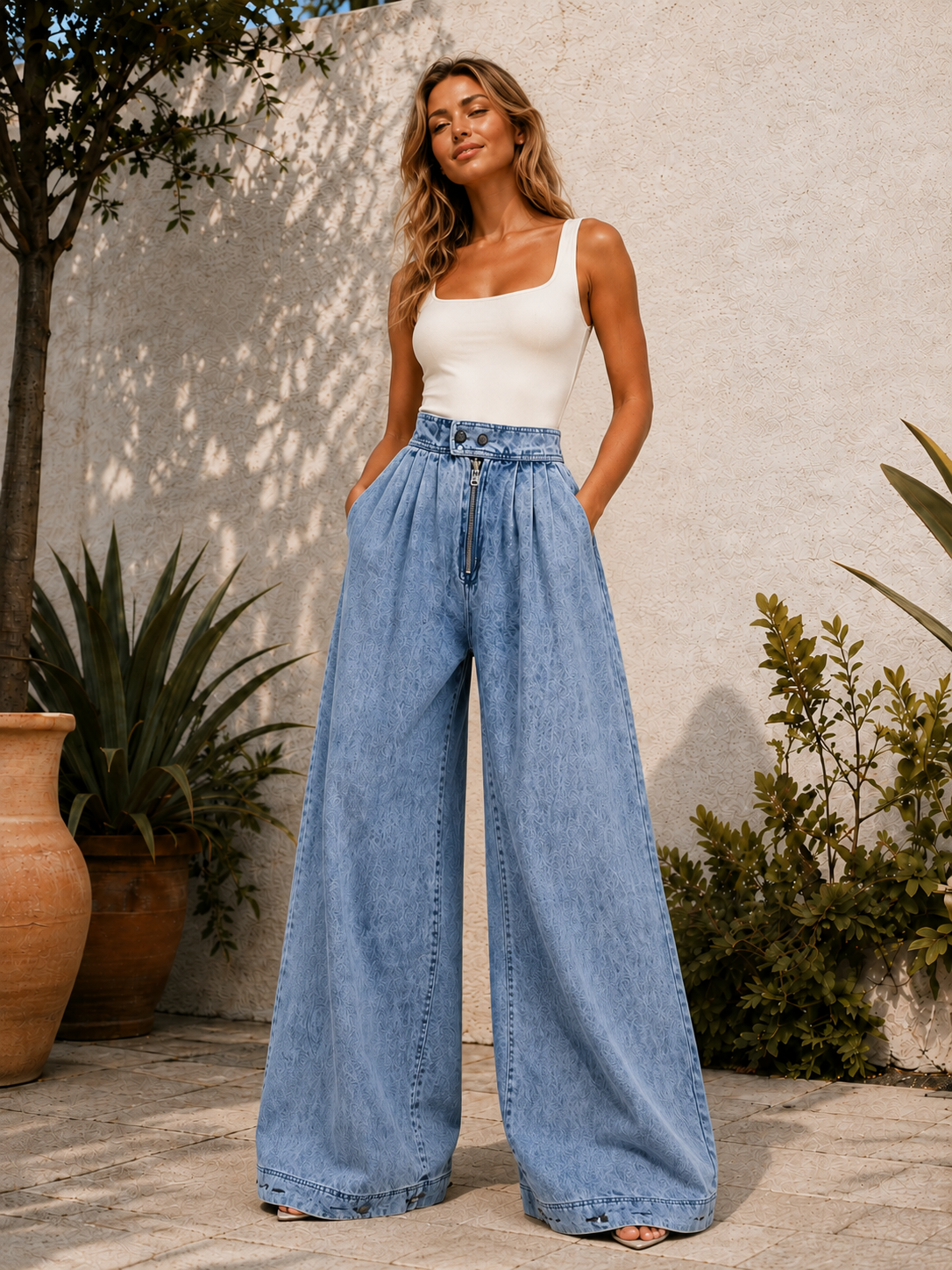 YSTGUIC Women's Classic High-Rise Wide Leg Denim Jeans Vintage Acid Wash, Adjustable Button Hem for Baggy-to-Jogger Style Switch, Elastic Back Waist, Deep Pockets, Streetwear Basic Cropped Bottom with Drape Fit Pants Womenswear