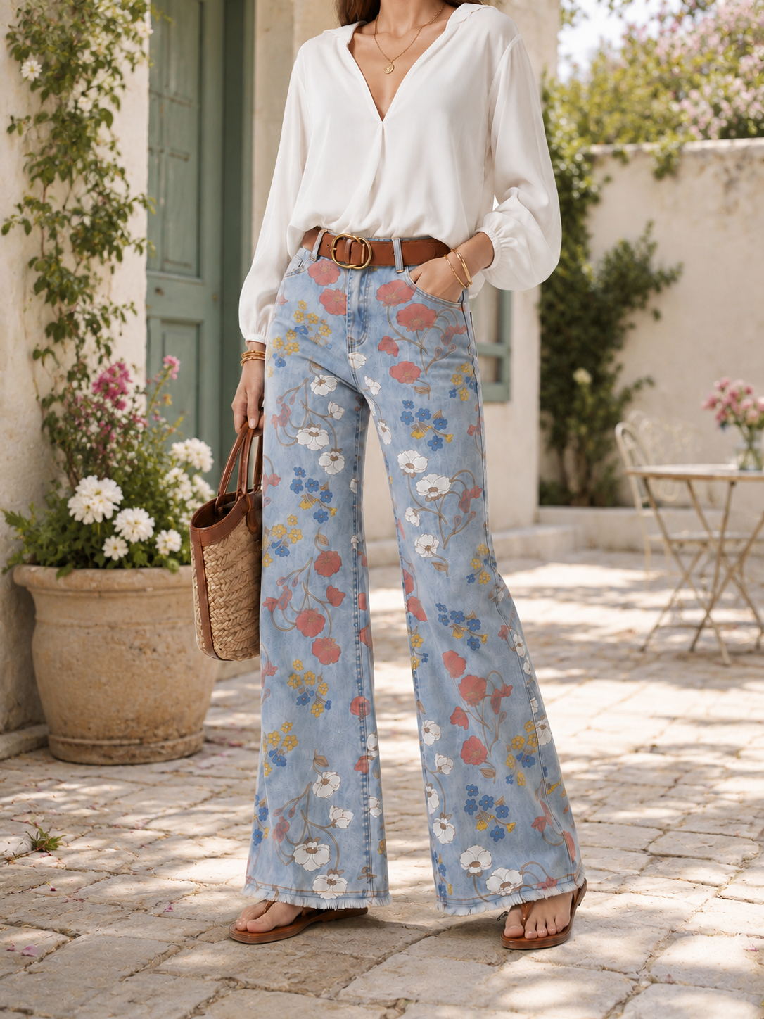 YSTGUIC Vintage Retro Floral Print High Waist Wide Flare Leg Jeans Soft Denim Pants Casual Daily Pants Fit All Figures