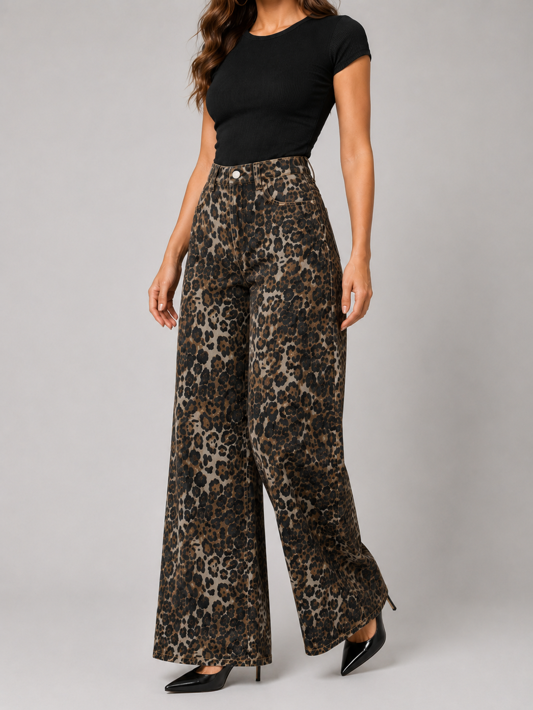 YSTGUIC Women's High Waisted Leopard Print Wide Leg Jeans, Vintage Statement Denim Pants with 5-Pocket Design, Full Length Casual Streetwear Trousers