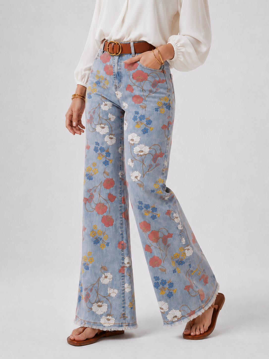 YSTGUIC Vintage Retro Floral Print High Waist Wide Flare Leg Jeans Soft Denim Pants Casual Daily Pants Fit All Figures