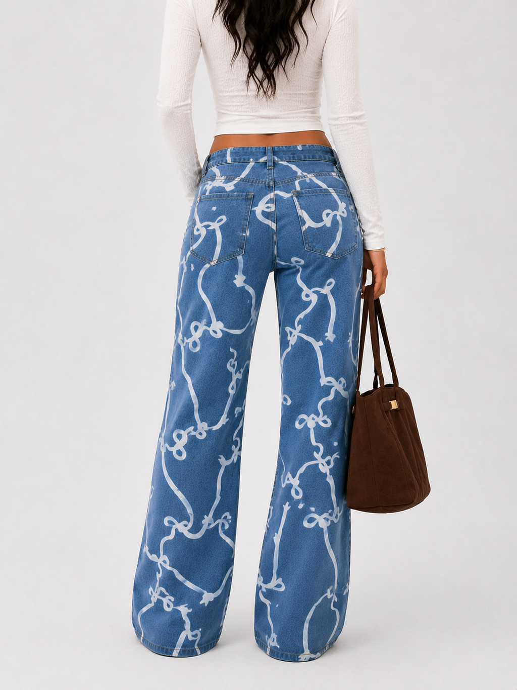 YSTGUIC Women's High-Waisted Straight Jeans  Medium Wash Blue, Full Coverage Bowknot Print, Raw Frayed Hem, Stretchy Denim, Cotton Fabric, Creates Long Lean Silhouette, Street Style, All-Day Comfort (Dress-Tee Pairing Friendly)
