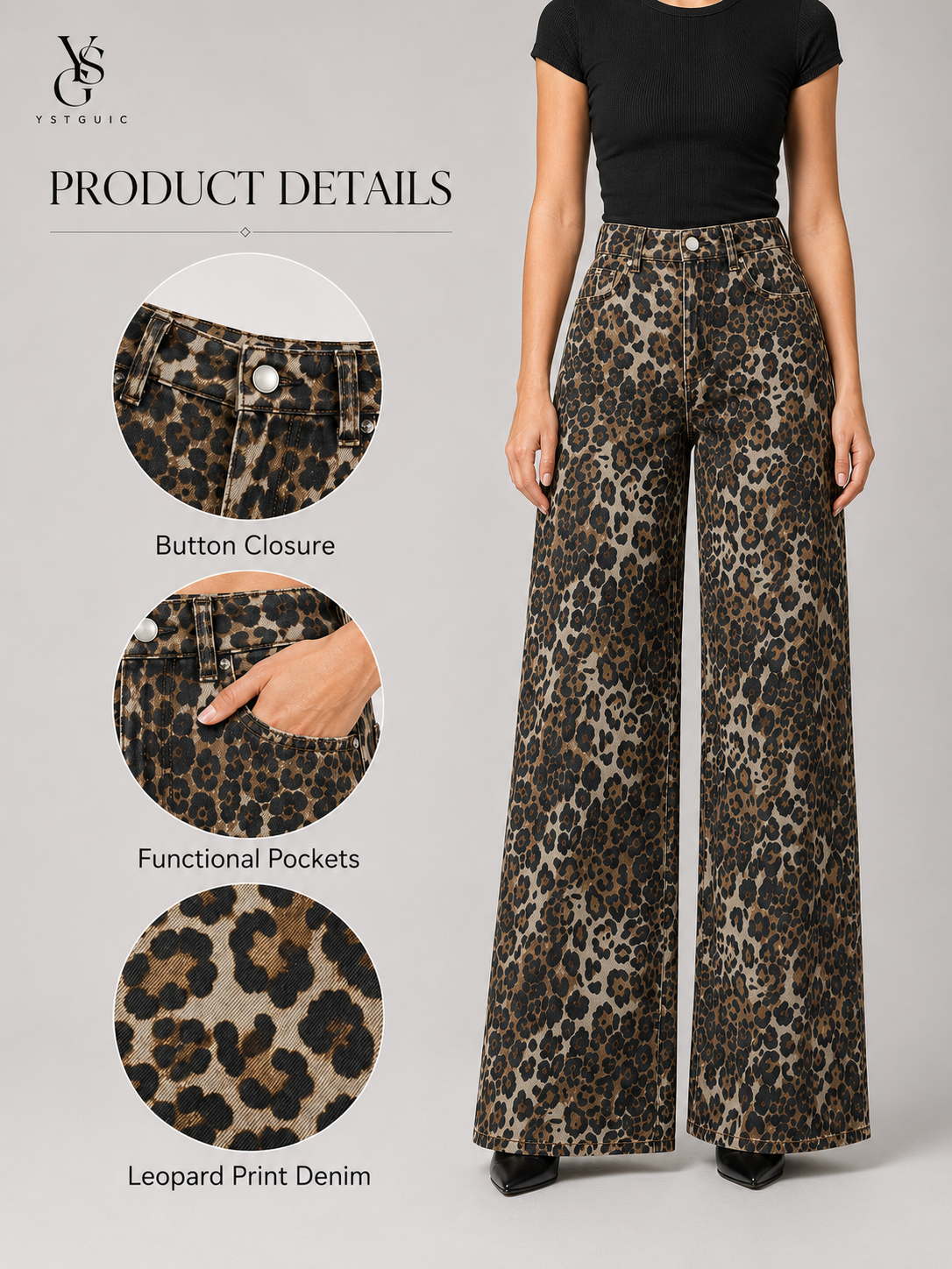 YSTGUIC Women's High Waisted Leopard Print Wide Leg Jeans, Vintage Statement Denim Pants with 5-Pocket Design, Full Length Casual Streetwear Trousers